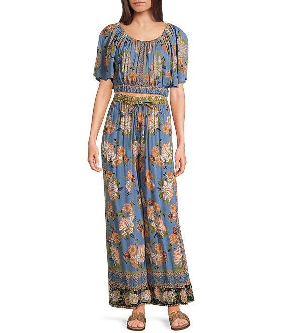 Angie Floral Border Print Elastic Waist Ruffle Hem Coordinating Pants Product Image