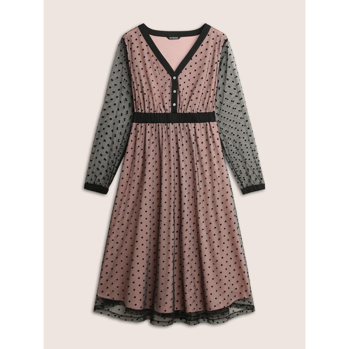 Plus Size Flocking Polka Dot Tiered Mesh Dress DustyPink Women At the Office Non V-neck Long Sleeve Curvy Midi Dress BloomChic 12/L Product Image