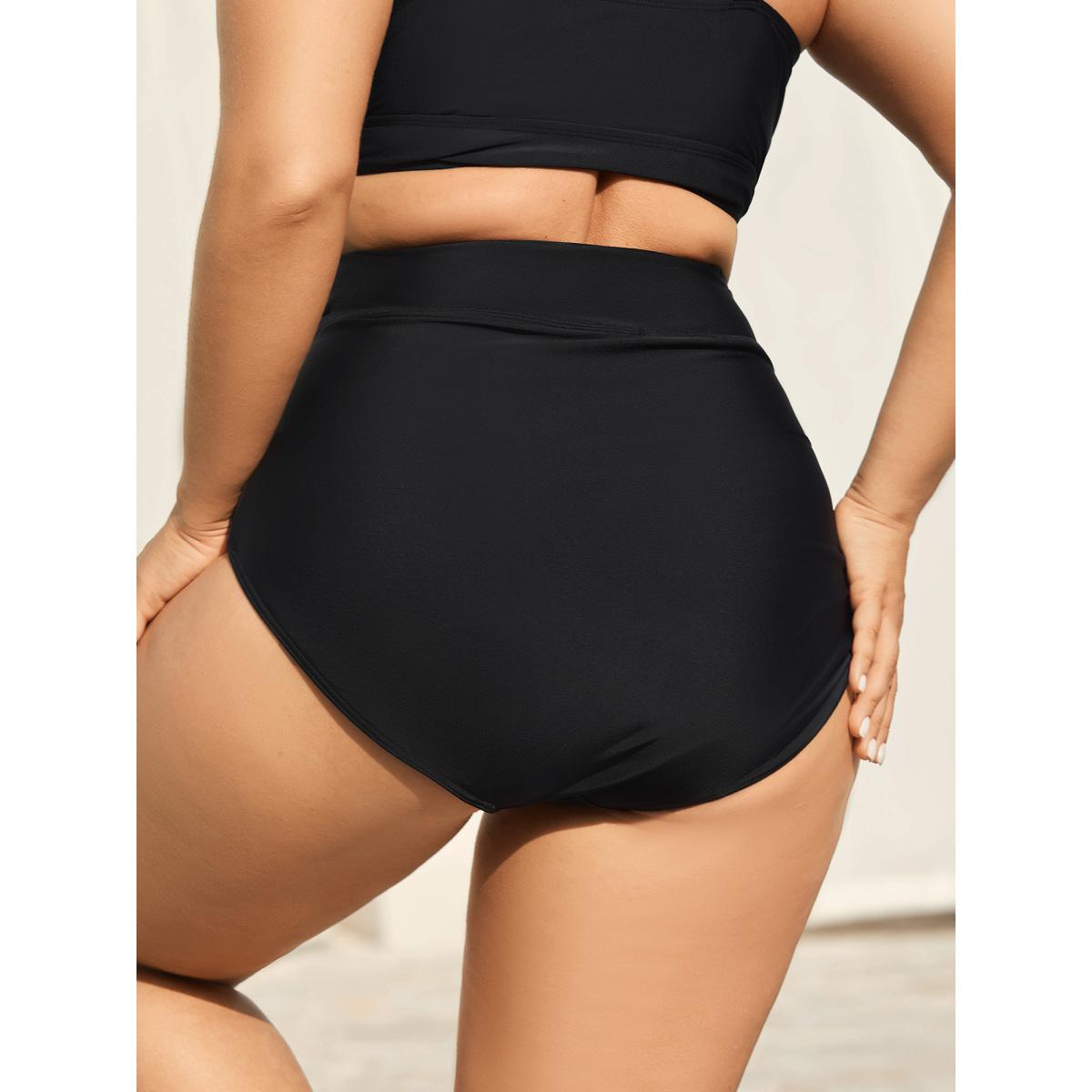 Plus Size Cross High Waist Ruched Swim Bottoms Women's Swimwear Black Resort Overlapping High stretch Skinny High Rise Curve Swim Bottoms BloomChic 28/5X Product Image