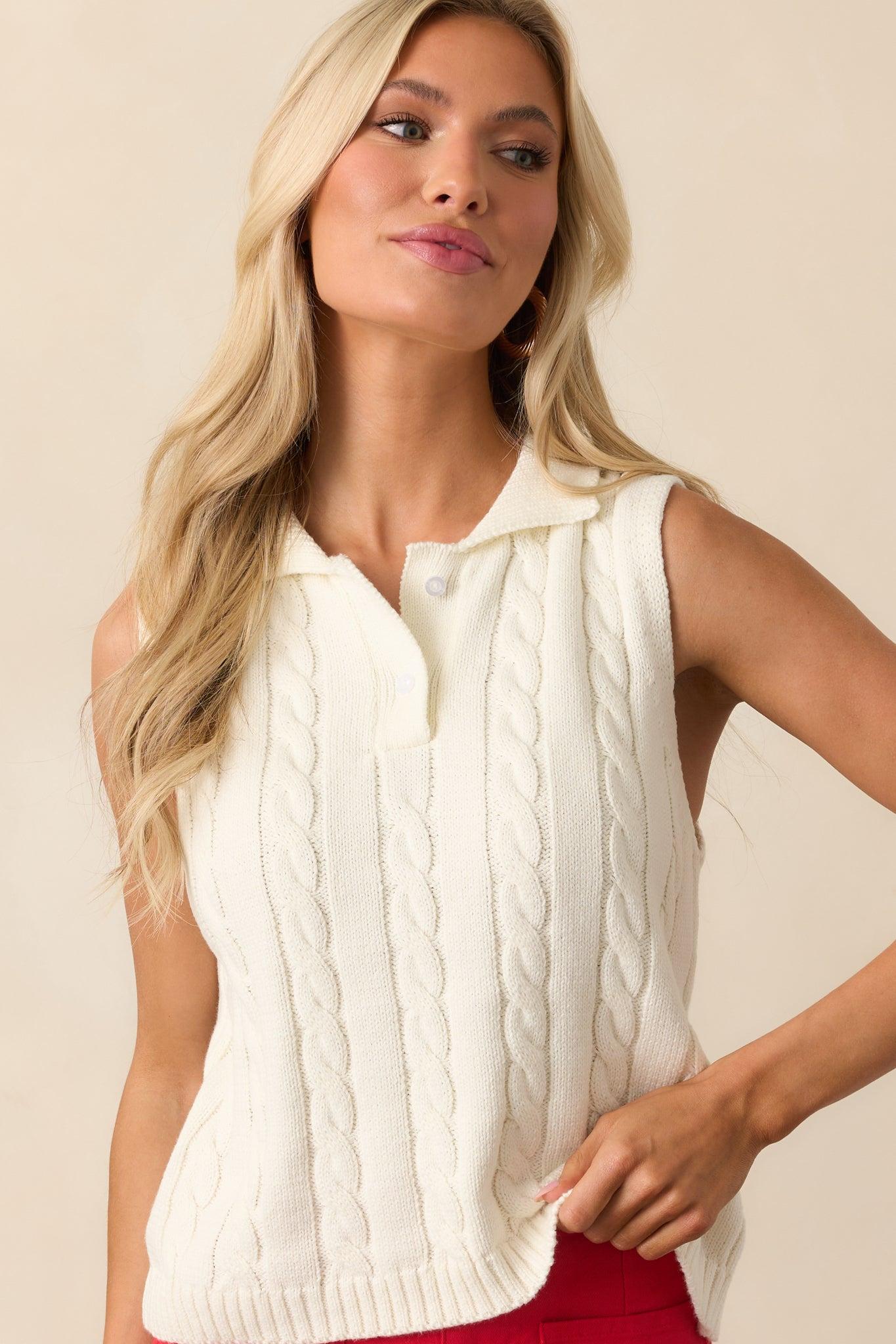 In No Particular Order Ivory Cotton Cable Knit Sweater Vest Product Image