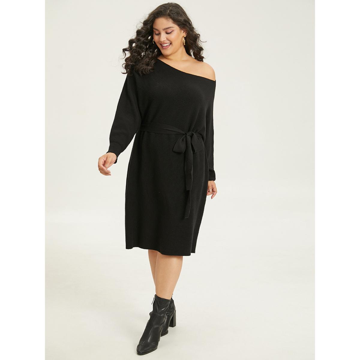 Plus Size Supersoft Essentials Boat Neck Belted Sweater Dress Black Women Casual Long Sleeve Everyday Sweater Dresses BloomChic 28/5X Product Image