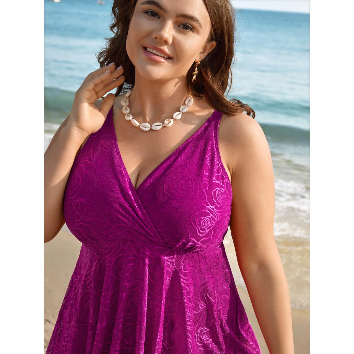 Plus Size Rosy Pattern Surplice Neck Flared Swim Dress Women's Swimwear RedViolet Beach Bodycon Overlap Collar High stretch Curve Swim Dresses BloomChic 14-16/1X Product Image