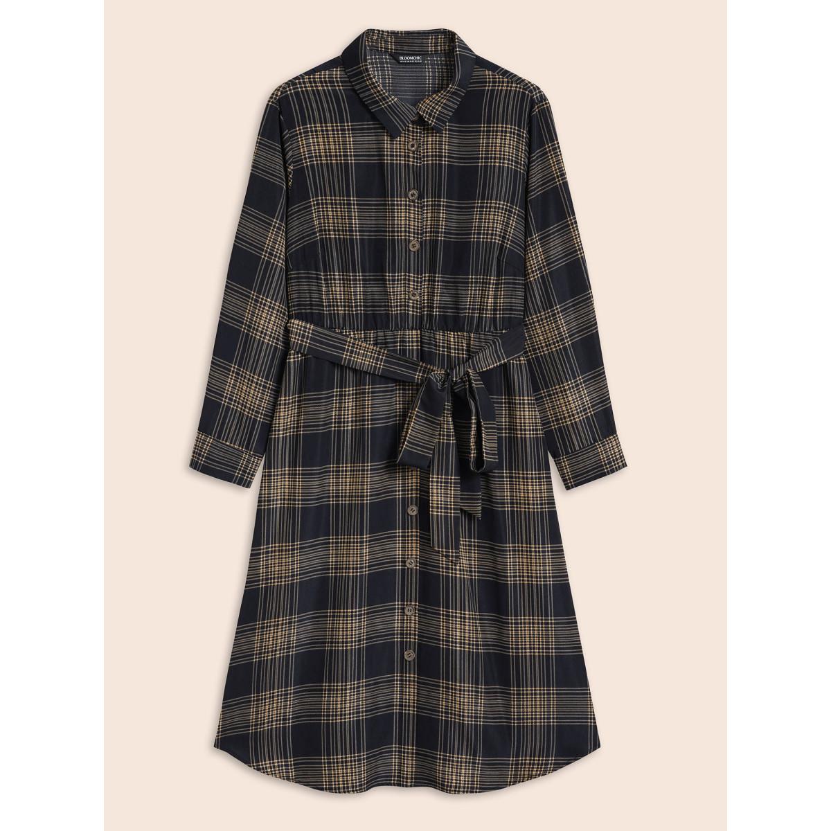 Plus Size Plaid Shirt Collar Belted Midi Dress Indigo Women At the Office Belted Shirt collar Long Sleeve Curvy BloomChic 28/5X Product Image