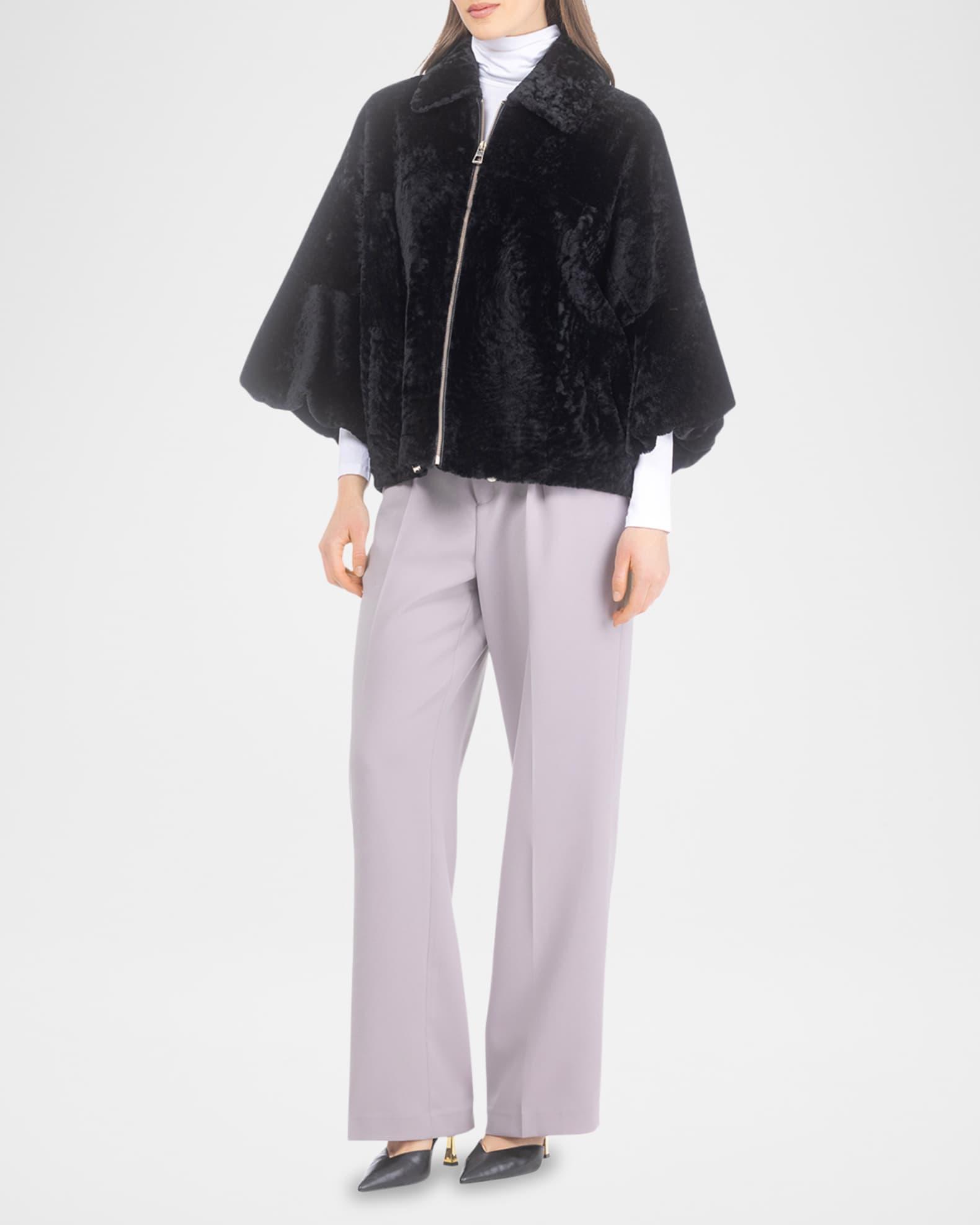 Textured Shearling Lamb Zip Jacket With Cropped Sleeves Product Image