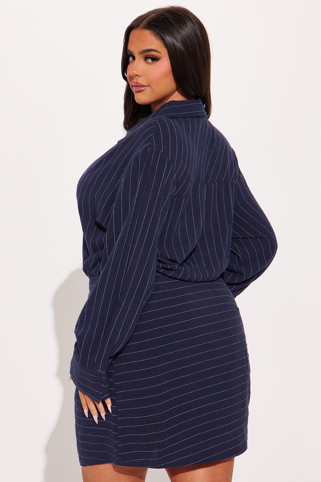 Call My Line Pinstripe Mini Shirt Dress - Navy Product Image