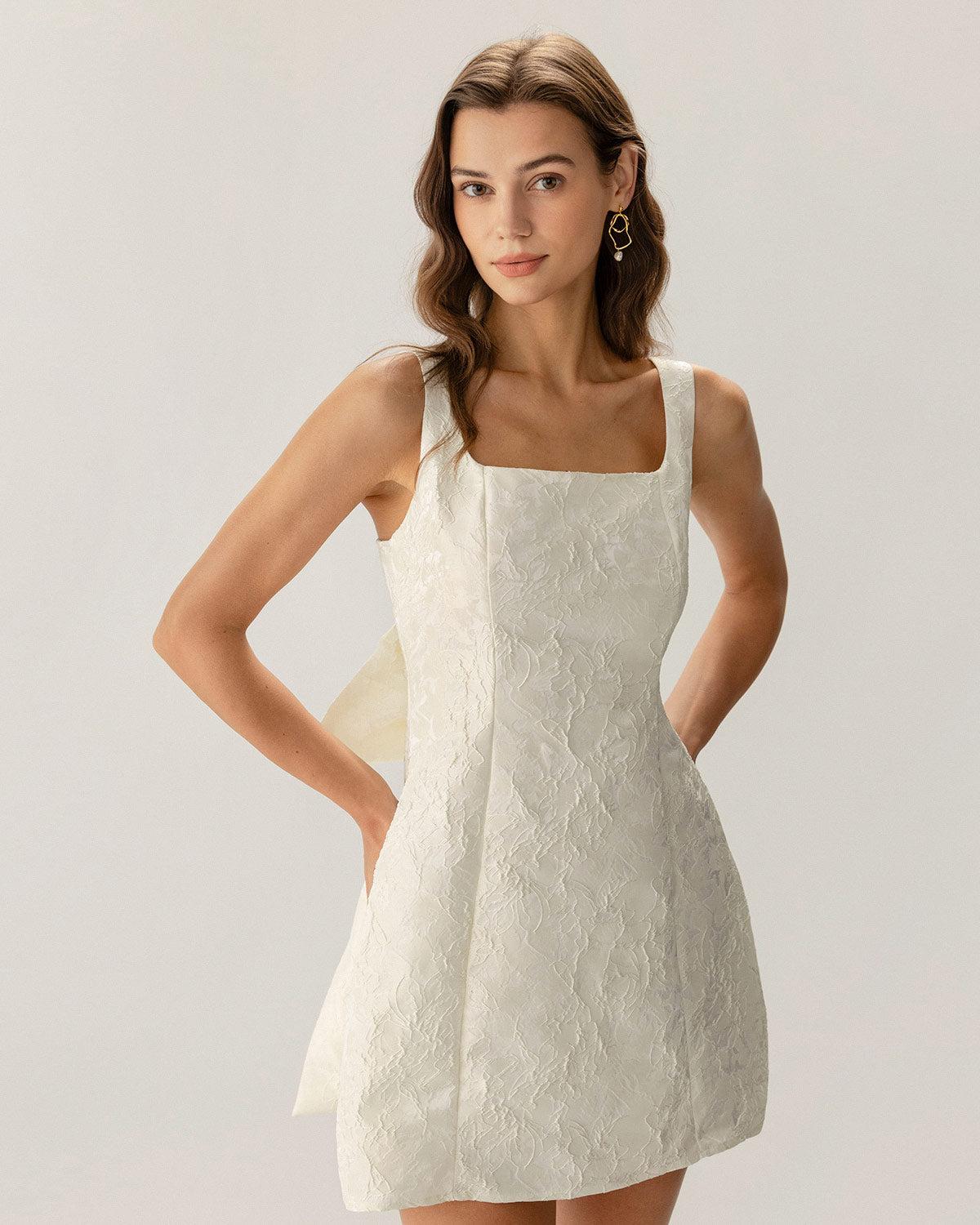 White Textured Bowknot Slip Mini Dresses Product Image