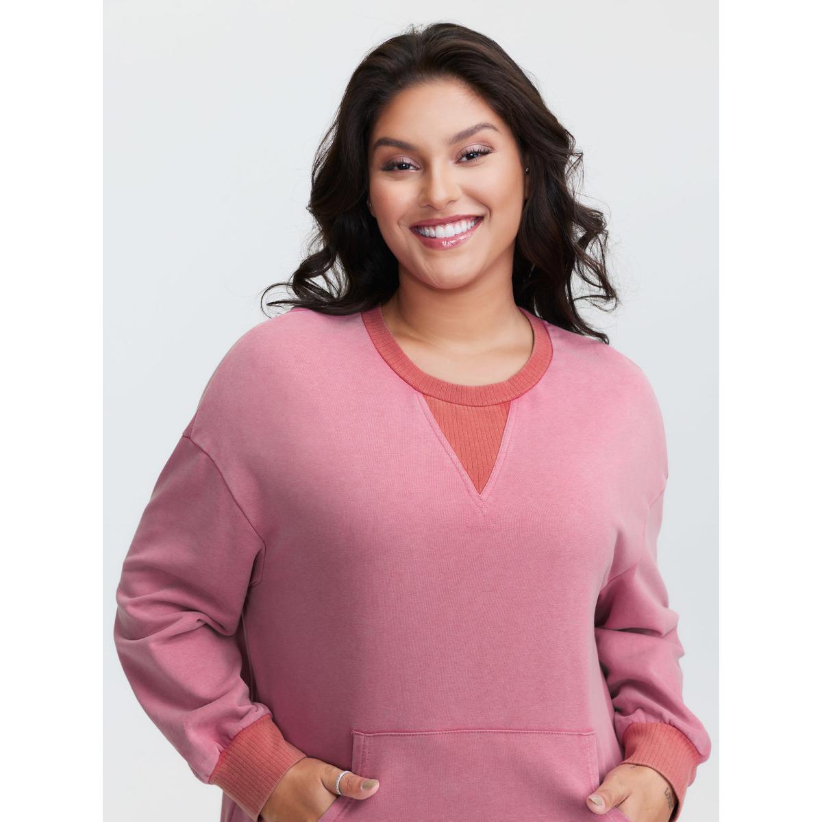 Plus Size Pure Cotton Washed Distressed Pocket Sweatshirt Women Beanpastepowder Leisure Contrast Round Neck Casual Sweatshirts BloomChic 14-16/1X Product Image