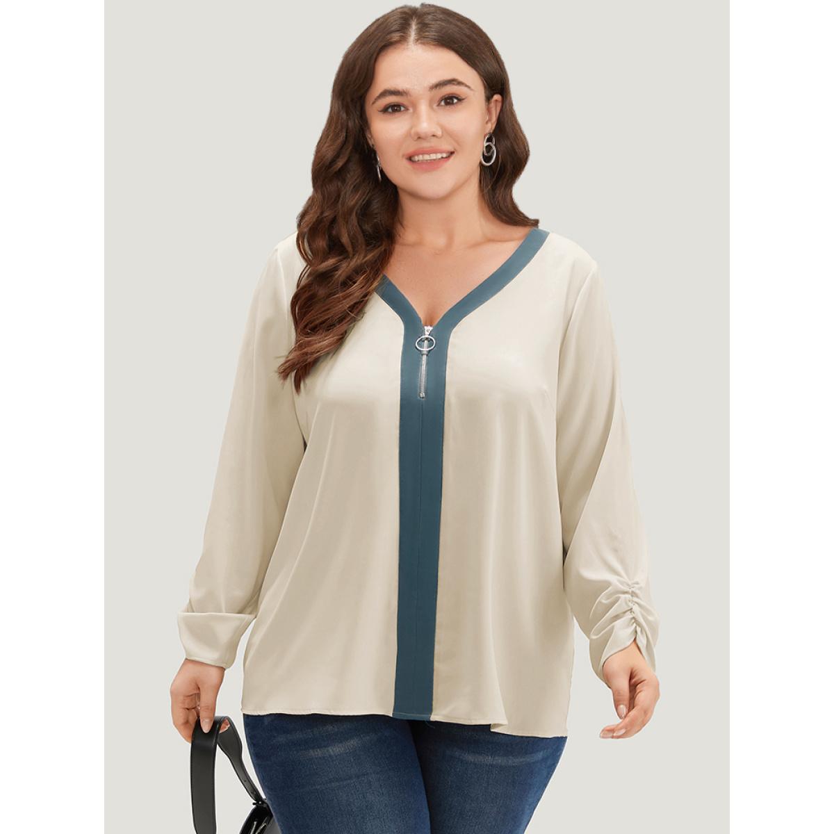 Plus Size Ivory Anti-Wrinkle Half Zip Gathered Contrast Trim Blouse Women Office Long Sleeve V-neck Work Blouses BloomChic 14-16/1X Product Image