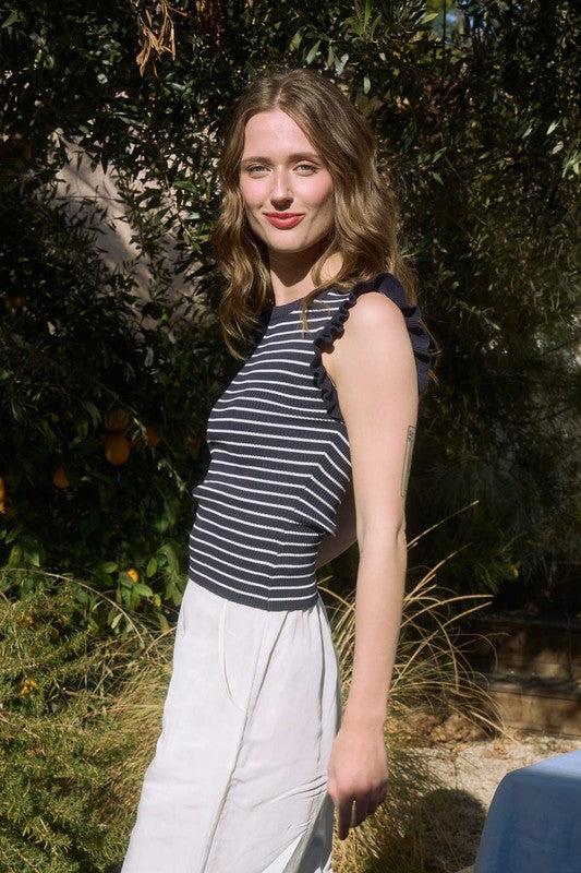 Stripe Ruffle Trim Sleeveless Sweater Tank Product Image