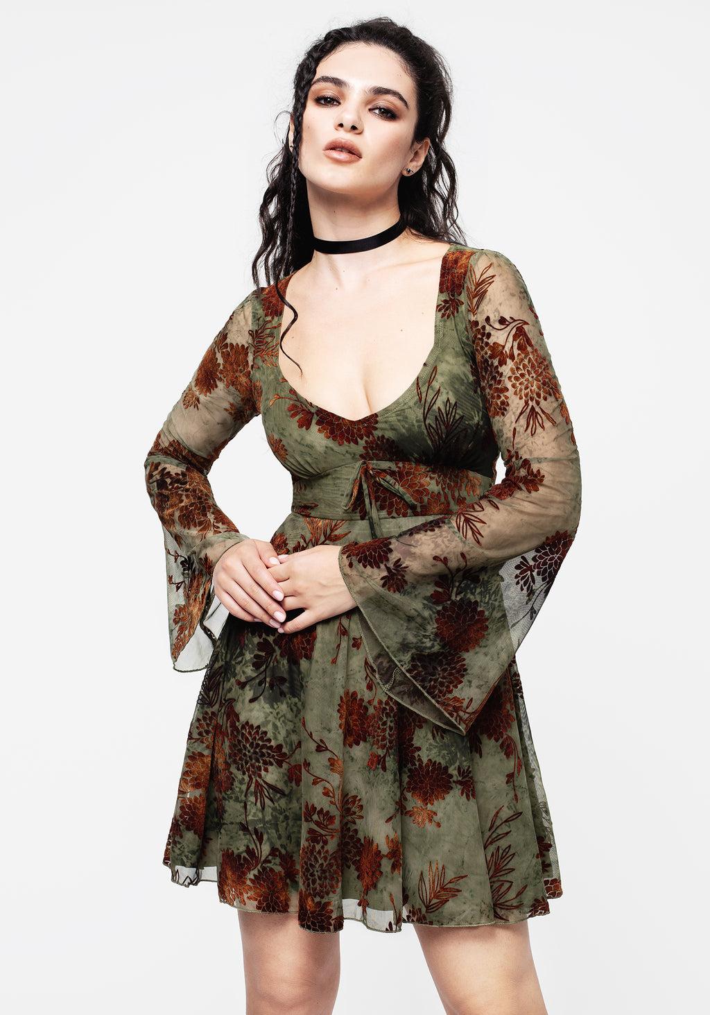 Rosaleigh Flock Velour Mesh Flare Sleeve Mini Dress Product Image