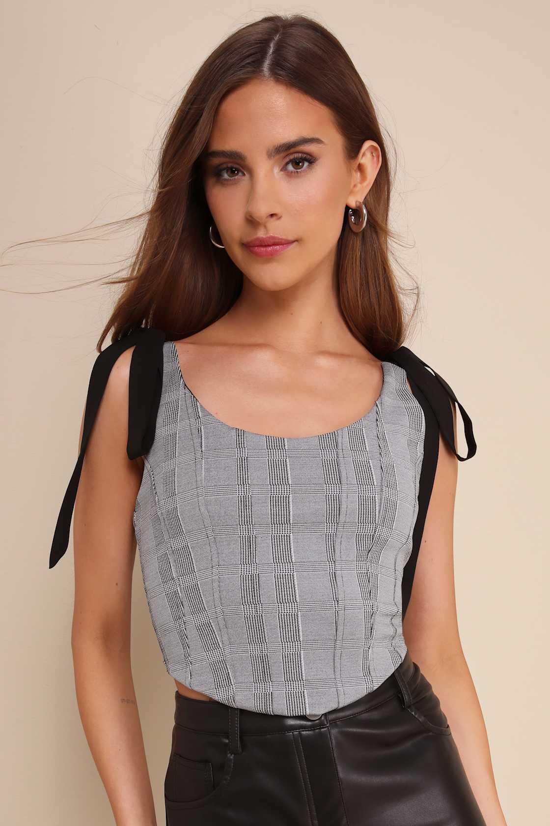 Chic Temptation Black and Ivory Plaid Tie-Strap Crop Top Product Image