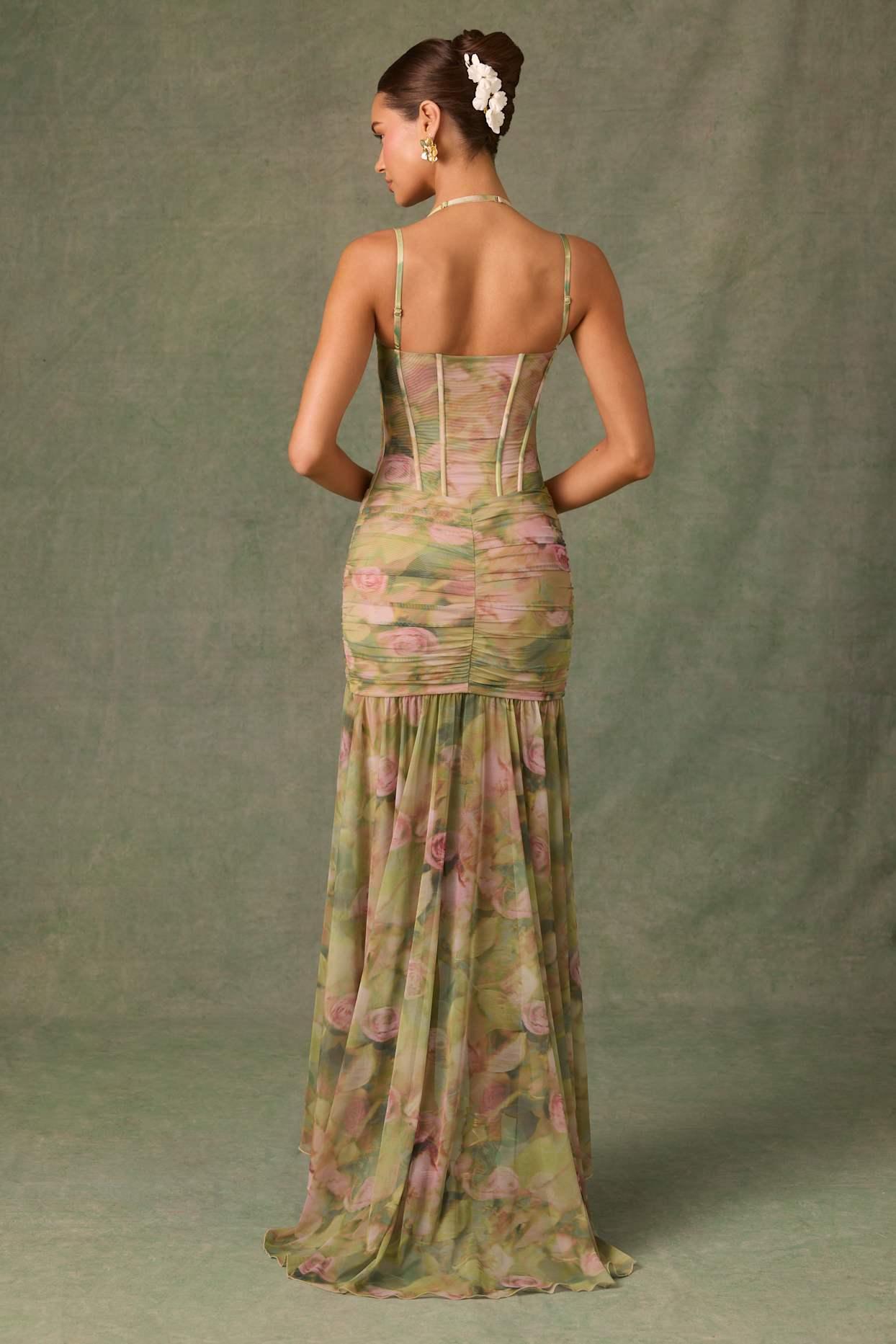 Ruched Asymmetric Corset Gown in Floral Multi Print Product Image