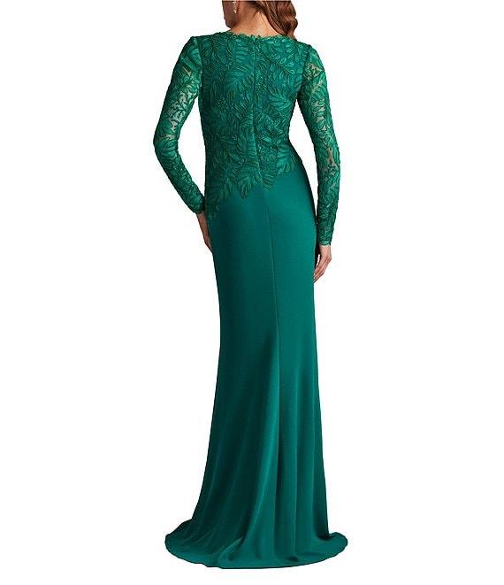 Tadashi Shoji Round Neck Illusion Long Sleeve Asymmetrical Leaf Embroidered Crepe Sheath Gown Product Image