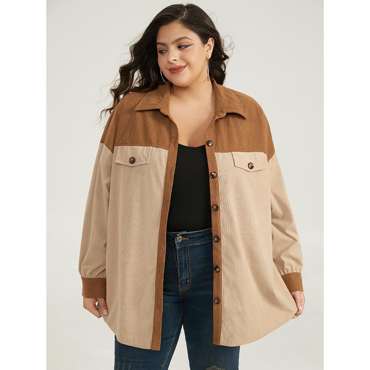 Plus Size Two Tone Button Through Patchwork Coat Women Tan Casual Contrast Ladies Dailywear Winter Coats BloomChic 14-16/1X Product Image