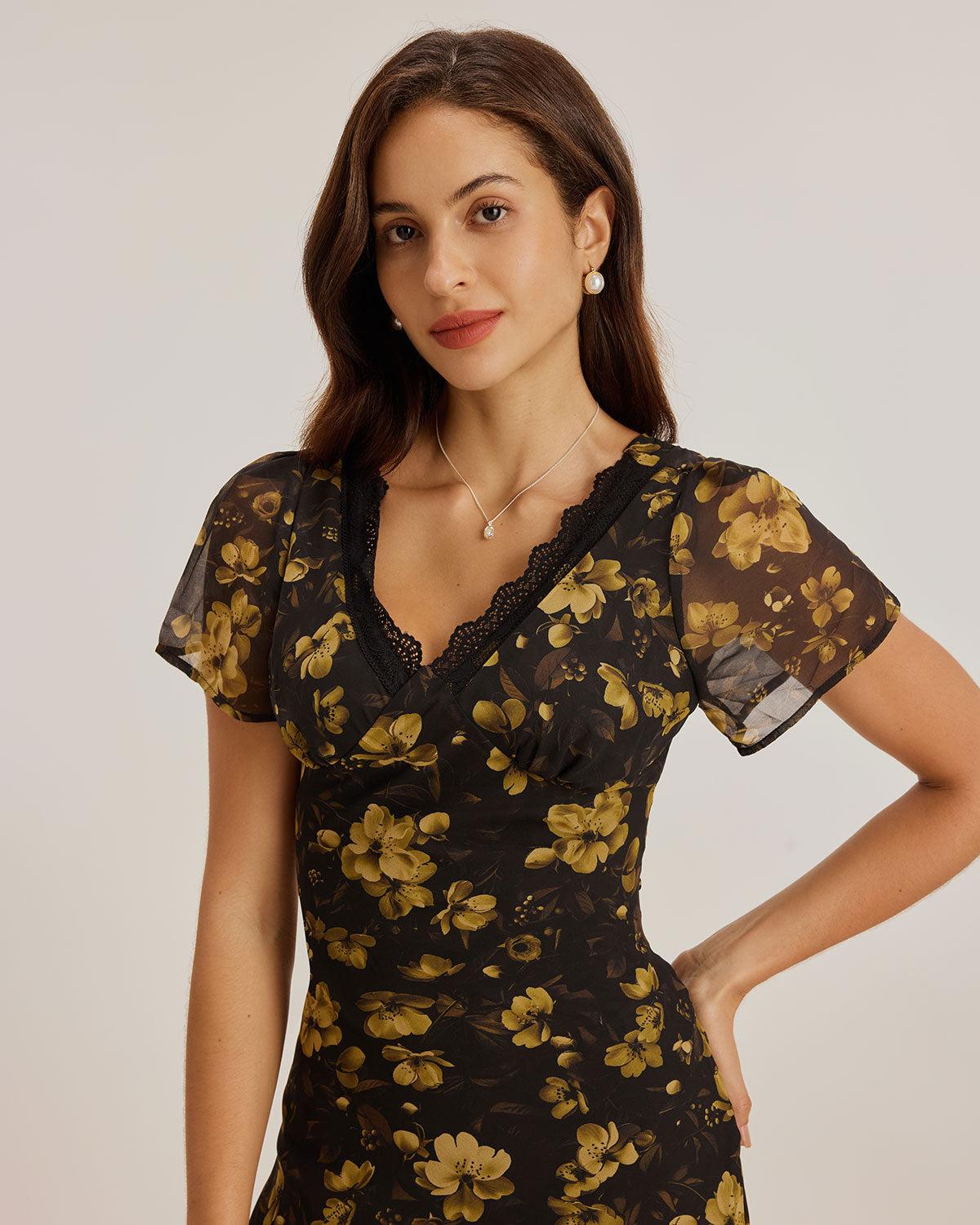 Black Floral Chiffon V Neck Maxi Dress Product Image