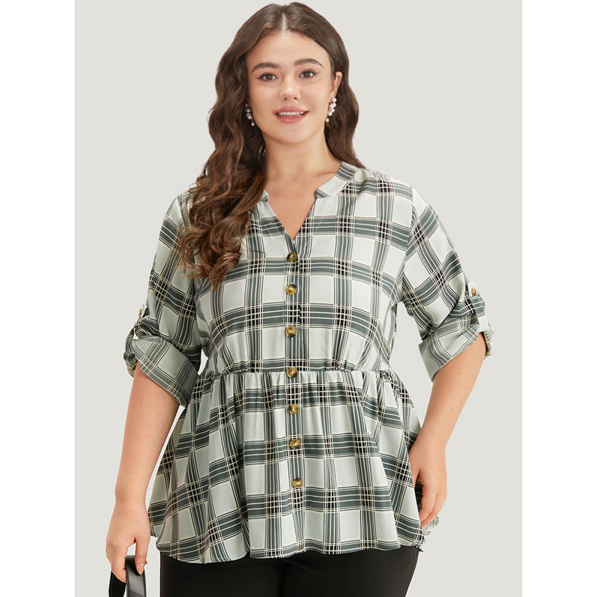 Plus Size SlateGray Plaid Notched Button Through Tab Sleeve Blouse Women Office Long Sleeve Shirt collar Work Blouses BloomChic 18-20/2X Product Image