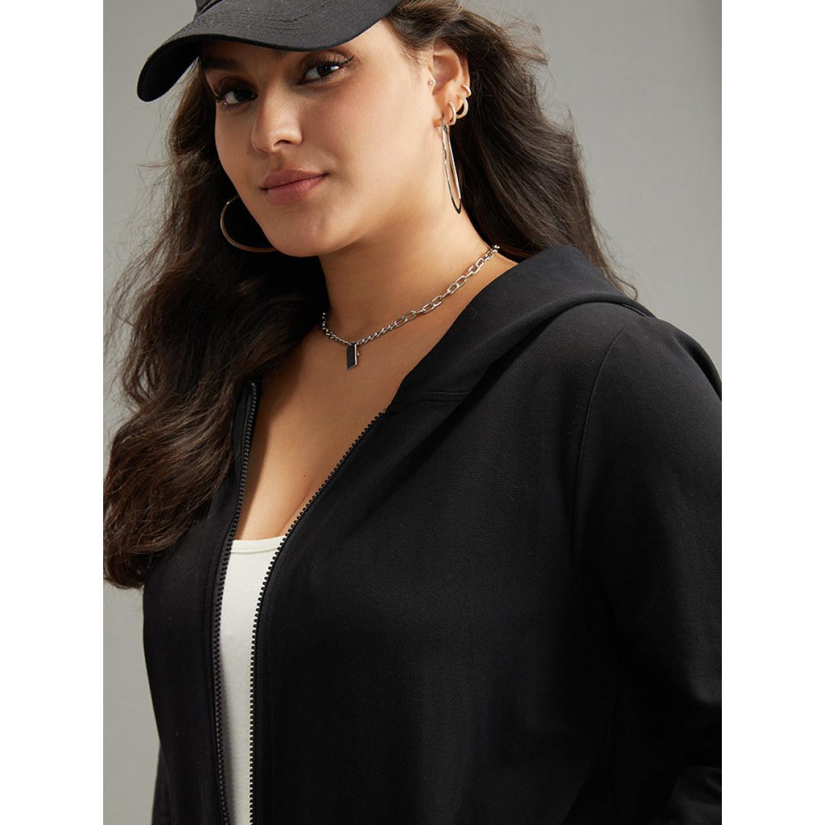Plus Size Cotton Solid Pocket Hooded Sweatshirt Women Black Casual Elastic cuffs Hooded Dailywear Sweatshirts BloomChic 30/6X Product Image