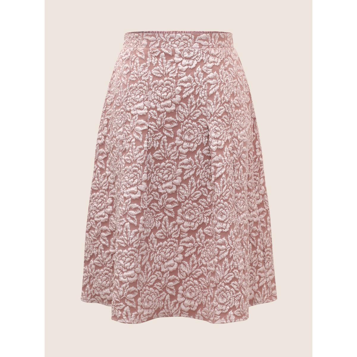 Plus Size Floral Plisse Pocket Plicated Detail Jacquard Skirt Women DustyPink Elegant Non No stretch Slanted pocket Everyday Skirts BloomChic 28/5X Product Image