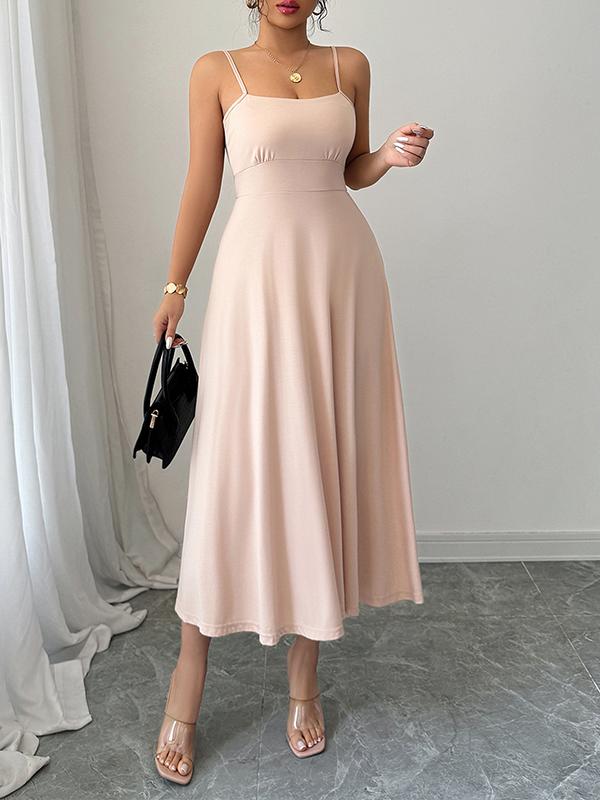 A-Line High Waisted Backless Pleated Solid Color Spaghetti-Neck Midi Dresses Product Image