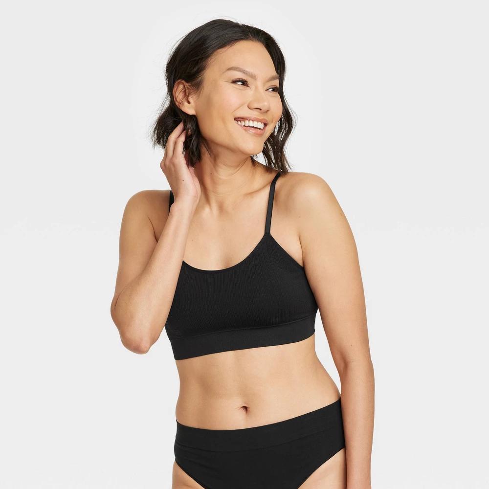 Womens Ribbed Seamless Bralette - Auden Black XS: Nylon-Spandex Blend, Pullover, Removable Cup, Machine Washable Product Image