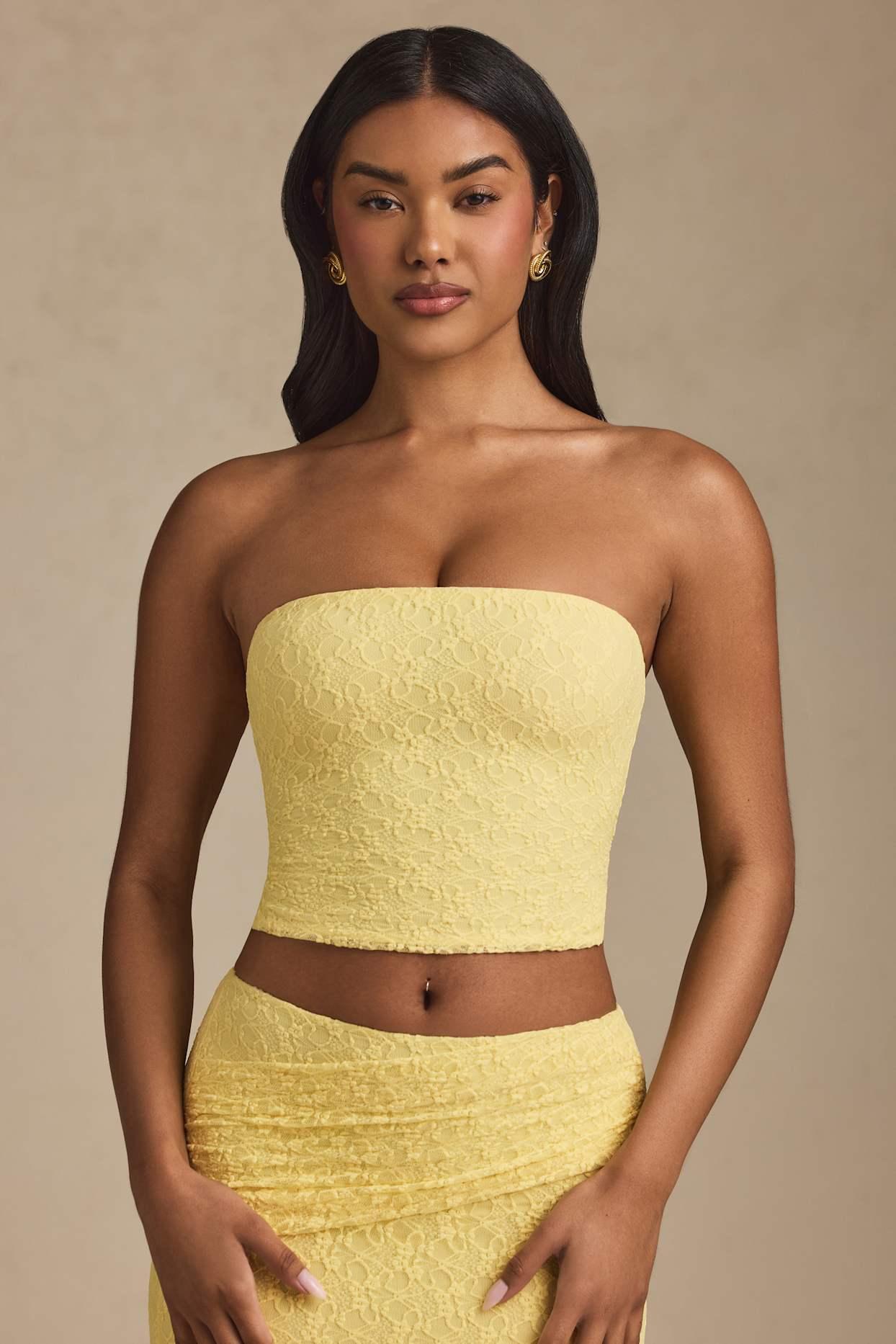 Ruched Strapless Lace Top in Pastel Yellow Product Image