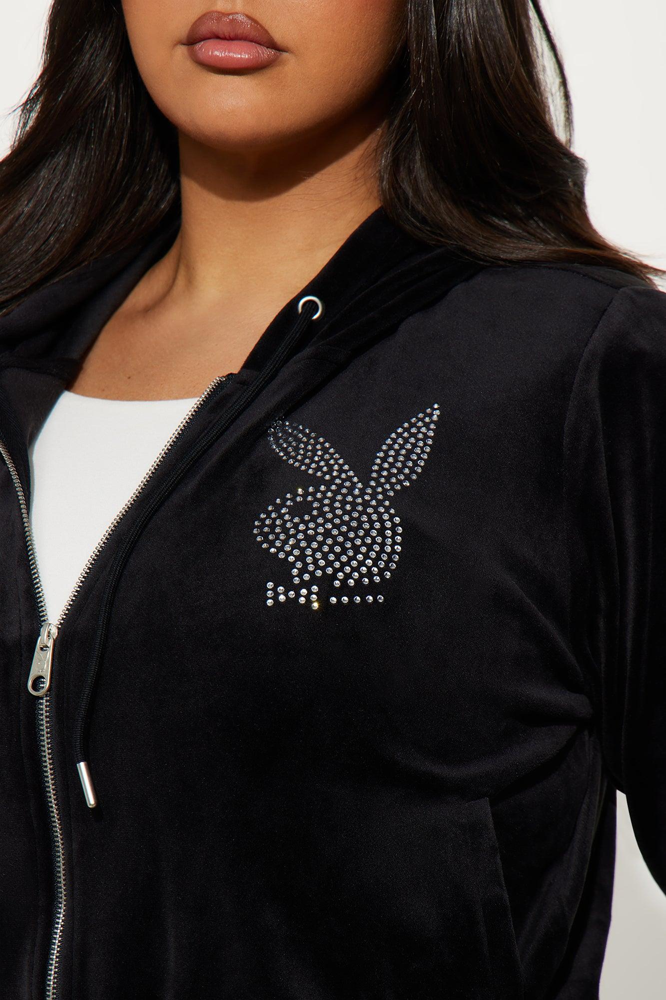 Playboy Snow Bunny Velour Zip Front Hoodie - Black Product Image