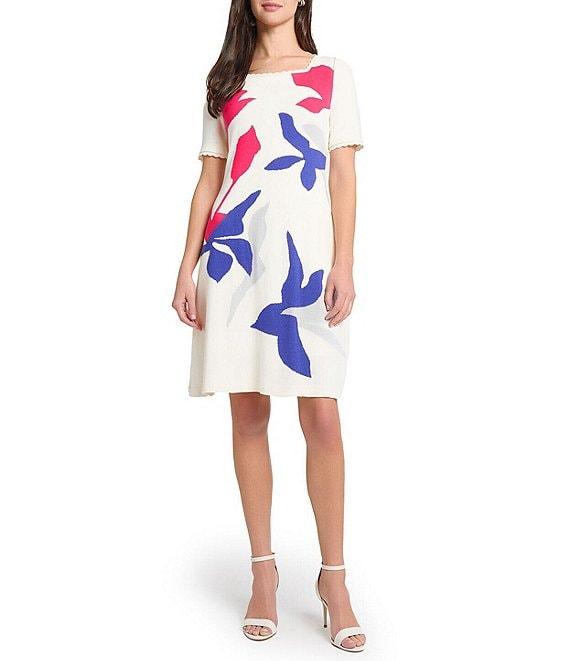 Ming Wang Soft Knit Floral Pattern Square Neck Short Sleeve Scallop Trim Dress Product Image