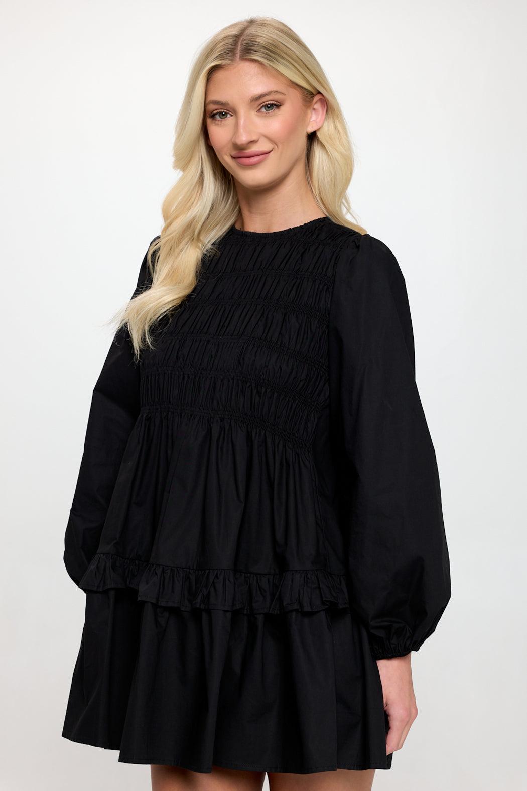 Black Poplin Long Sleeve Smock Dress Product Image