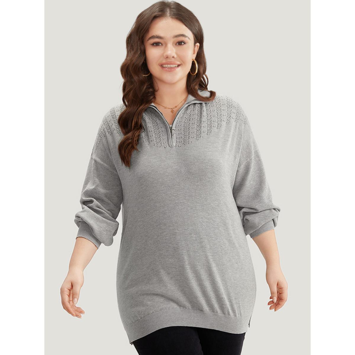 Plus Size Plain Lapel Collar Plisse Zipper Pullover LightGray Women Casual Loose Long Sleeve Lapel Collar Dailywear Pullovers BloomChic 26/4X Product Image