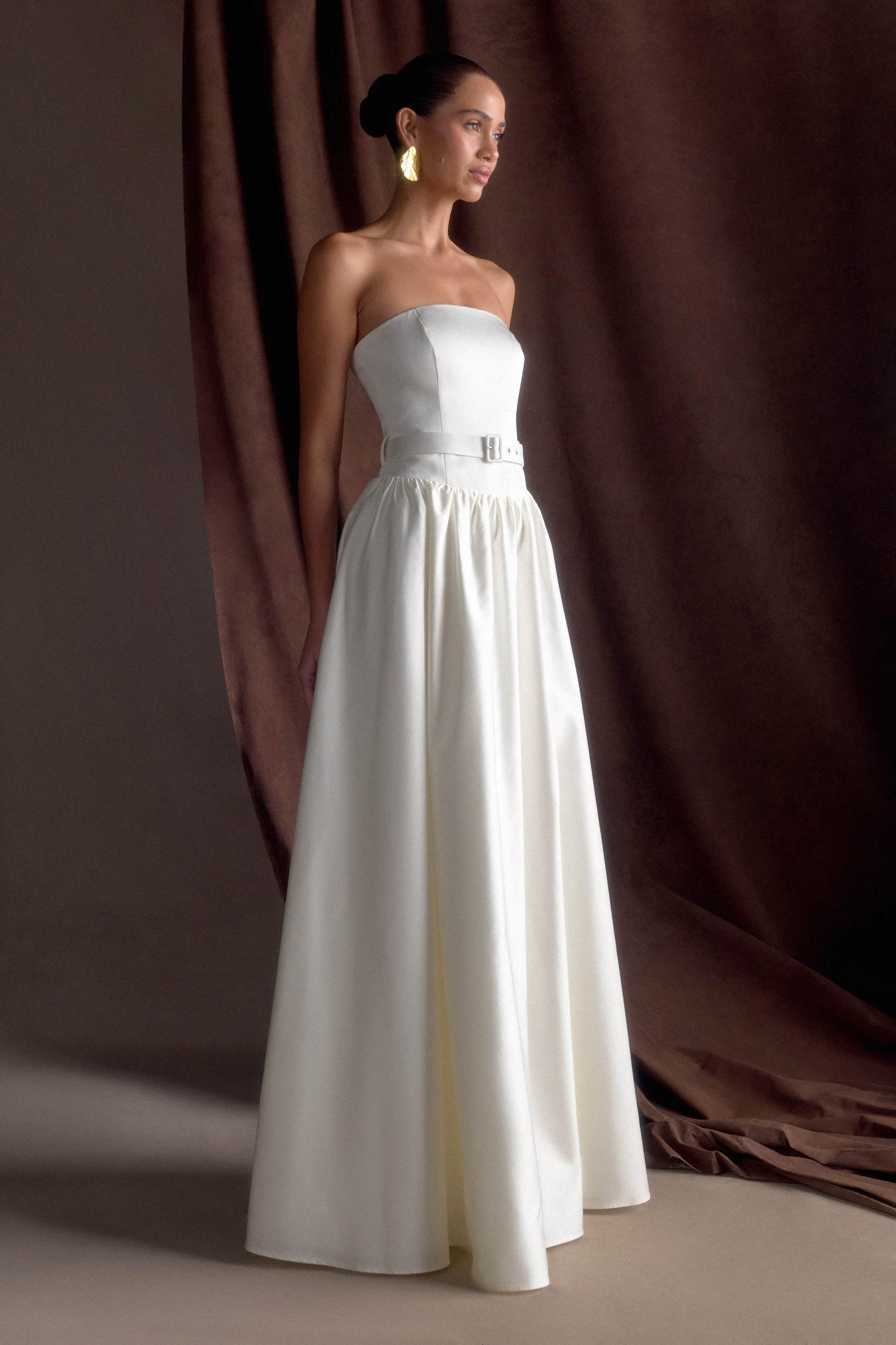 Florence Strapless Belted Maxi Dress - White Product Image