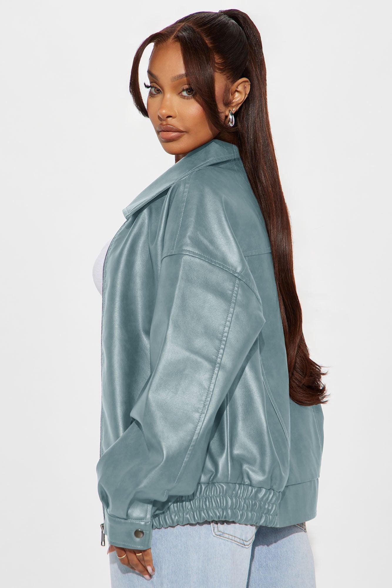 Hustle Mode Oversized Faux Leather Jacket - Slate Blue Female Product Image