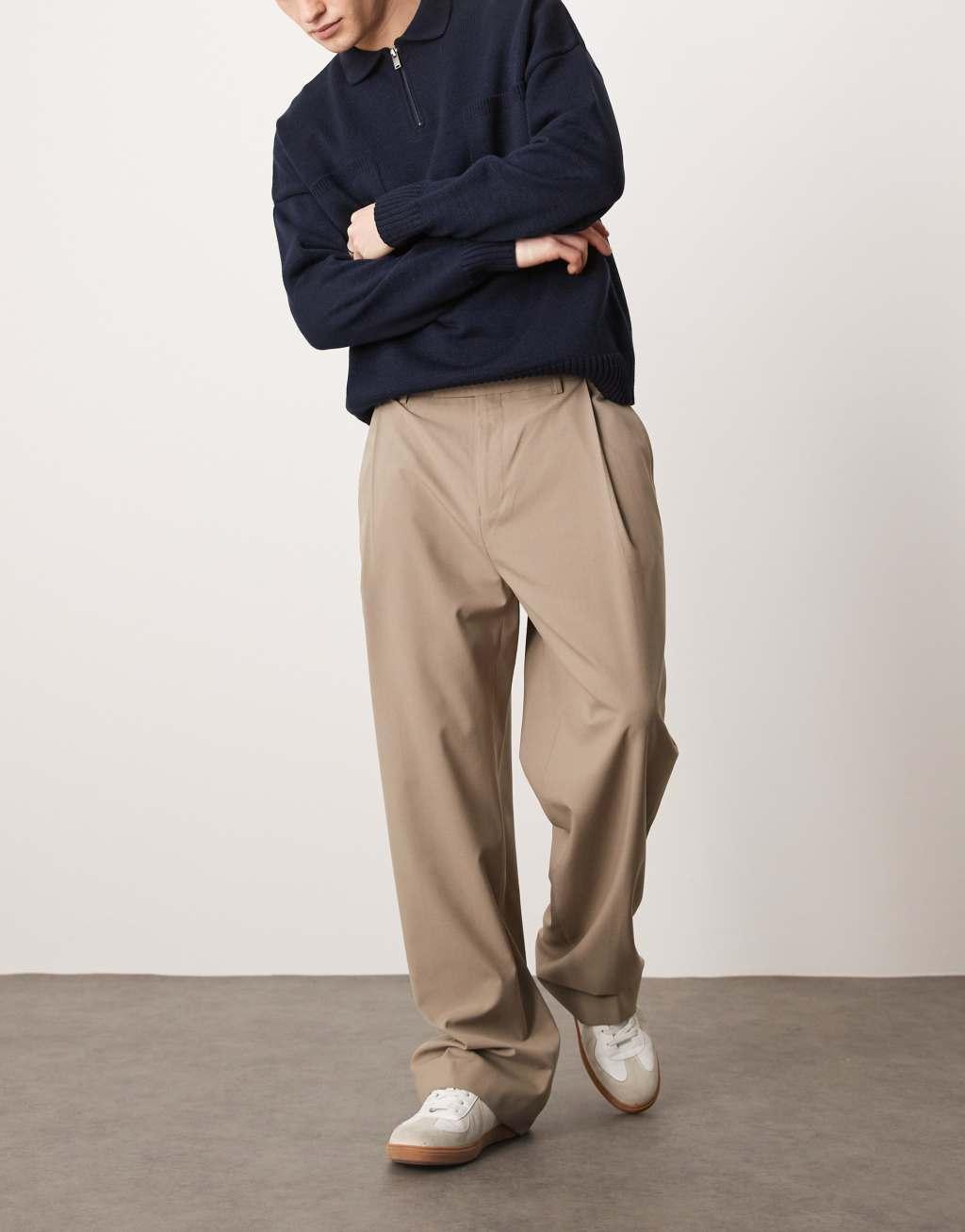 ASOS DESIGN smart wide leg pants with deep pleat in stone Product Image