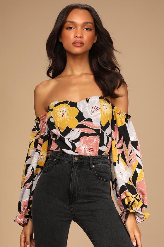 Bring the Blossom Black Floral Print Off-the-Shoulder Bodysuit Product Image
