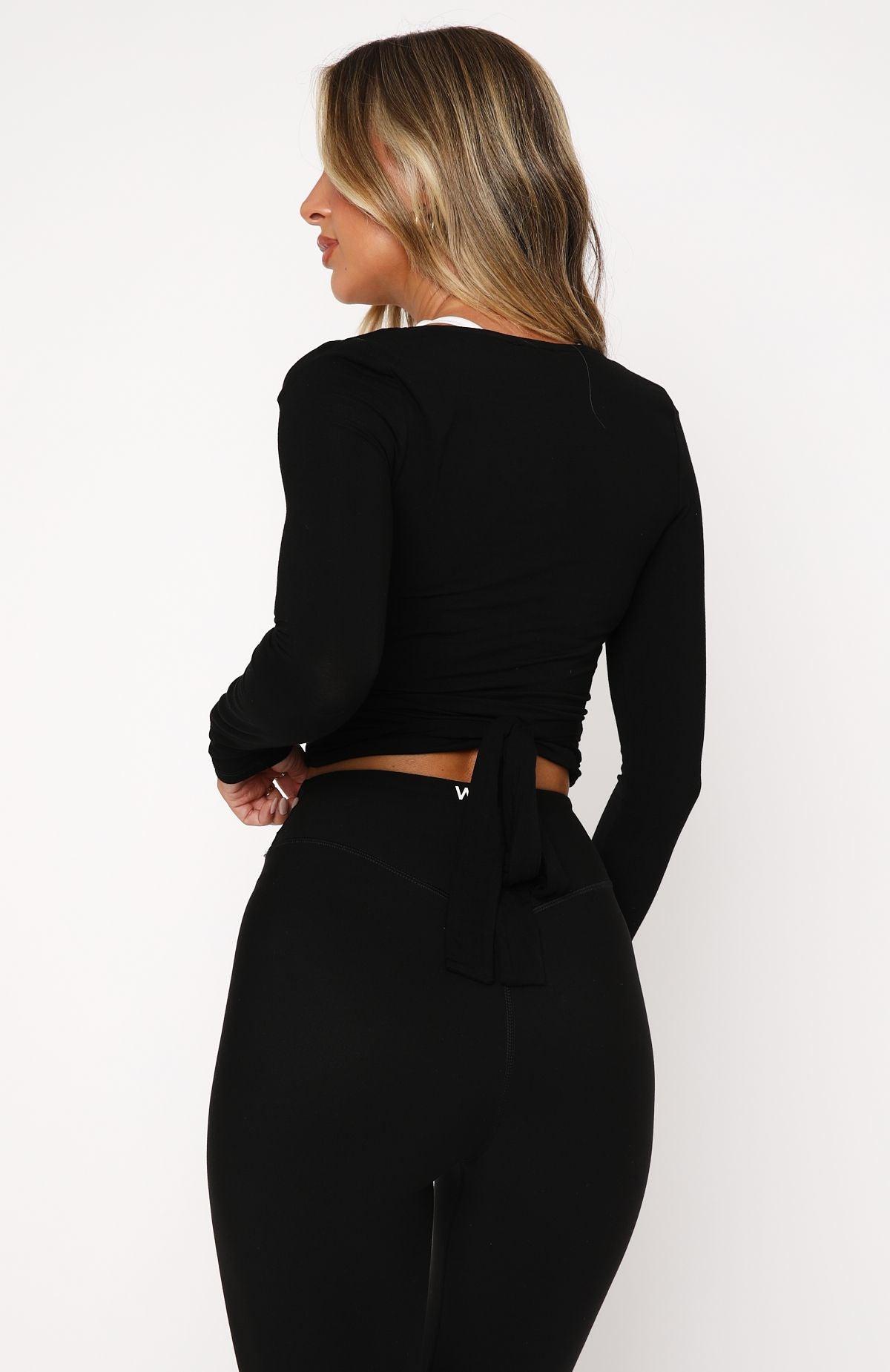 Staying Cute Long Sleeve Wrap Top Black Product Image