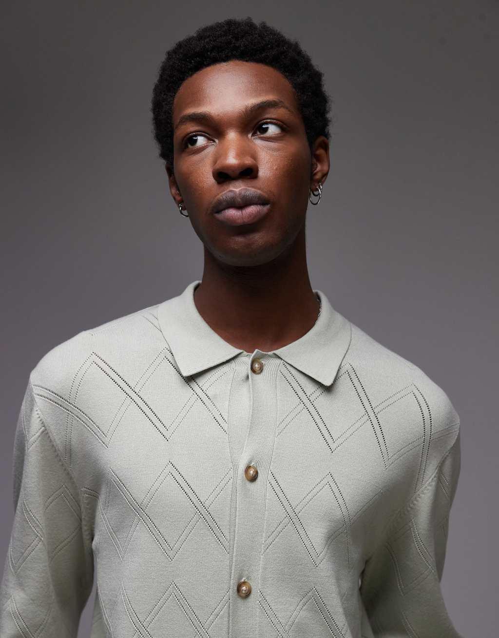 Topman long sleeve knit pattern crochet shirt in black Product Image