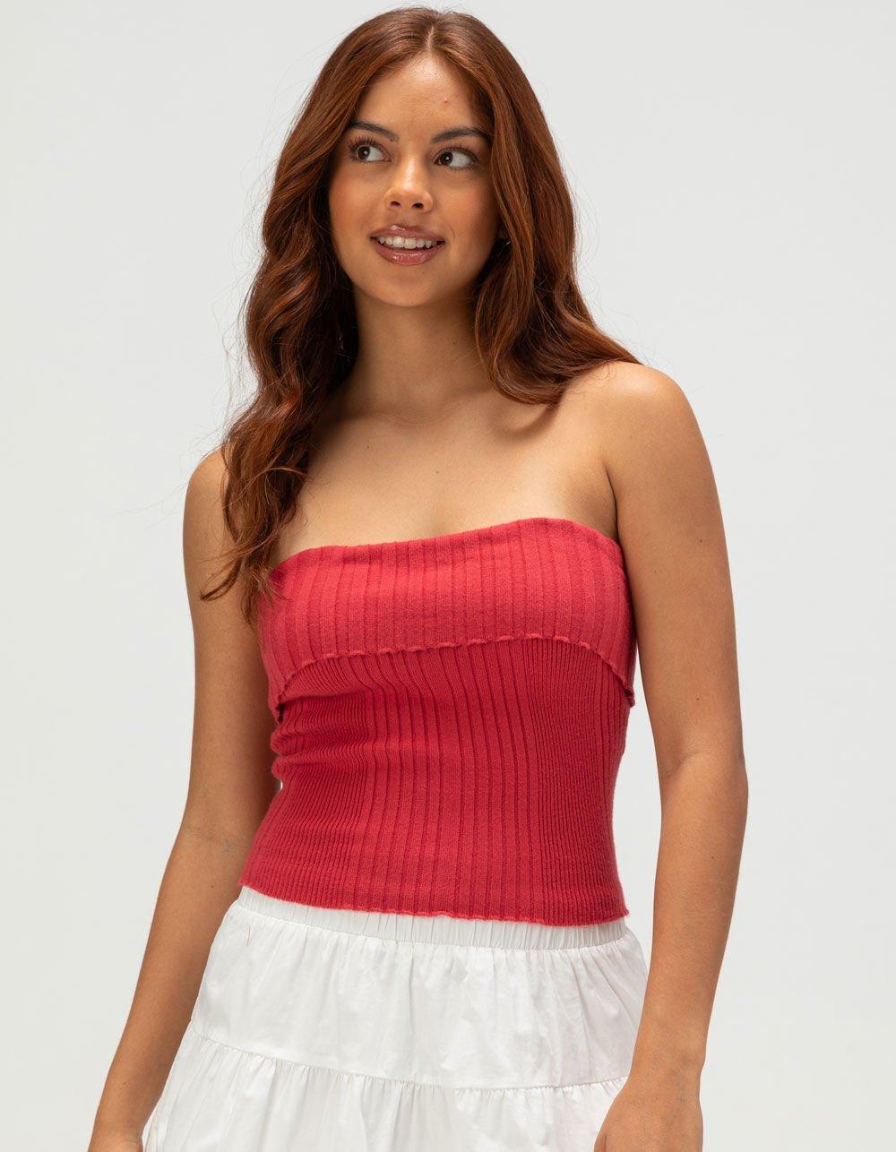 RSQ Womens Fold Over Rib Tube Top - RED Product Image