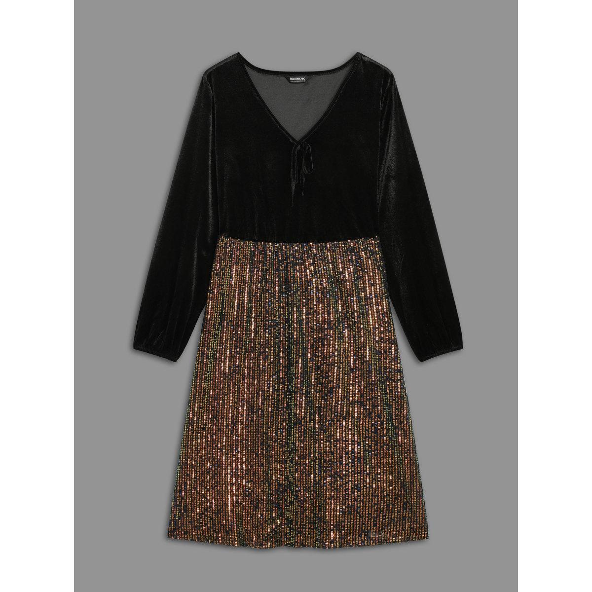 Plus Size Velvet Sequin Patchwork Tie Knot Dress Black Women Cocktail Tie knot Party Curvy Bloomchic 18-20/2X Product Image