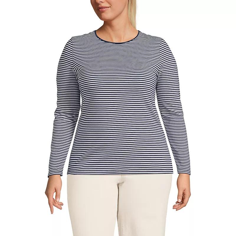 Plus Size Lands' End Long Sleeve Lightweight Jersey Crewneck Top, Women's, Size: 2XL, Navy White Stripe Product Image