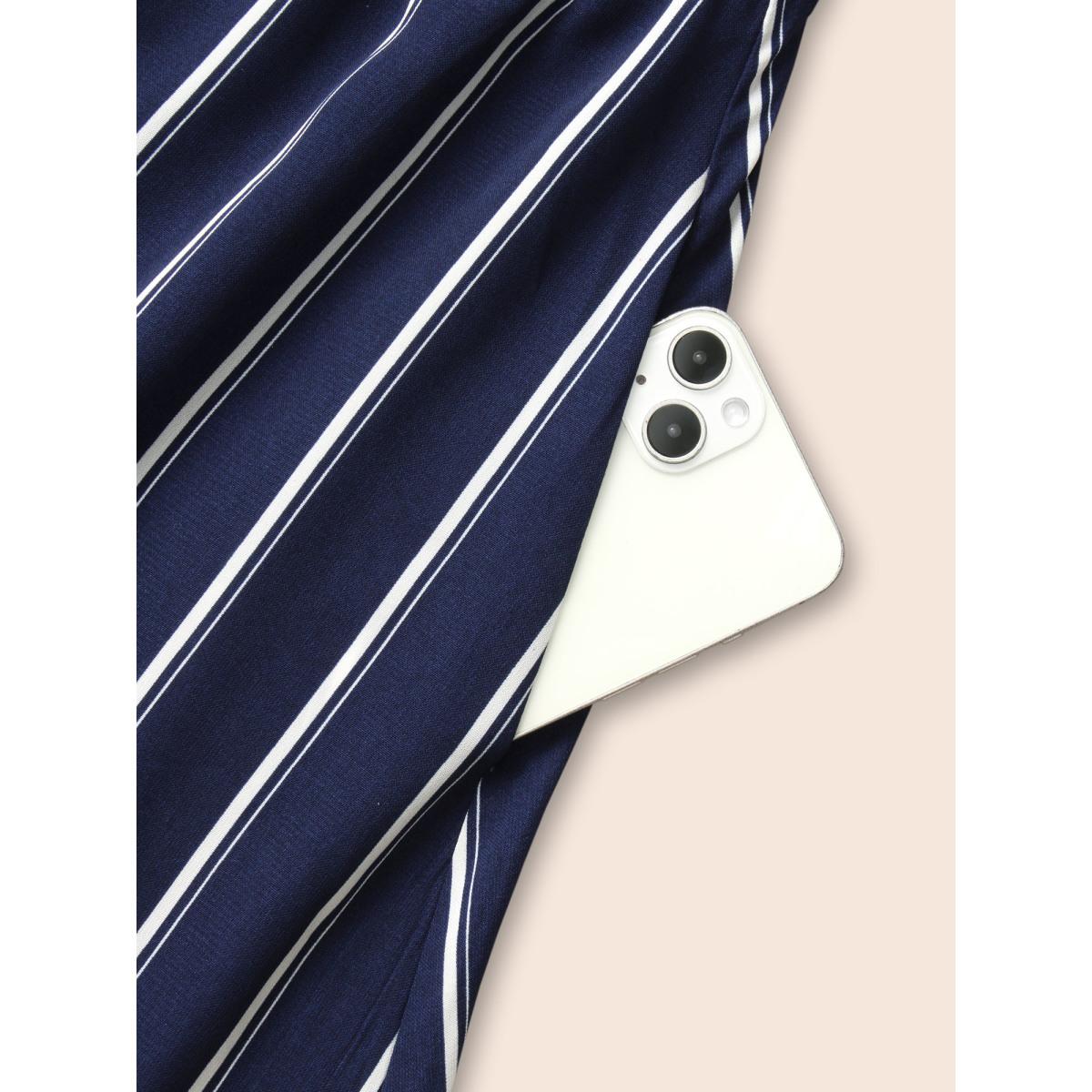 Plus Size Striped Shirred Lantern Sleeve Maxi Dress DarkBlue Women Elegant Tie knot U-neck Long Sleeve Curvy BloomChic 14-16/1X Product Image