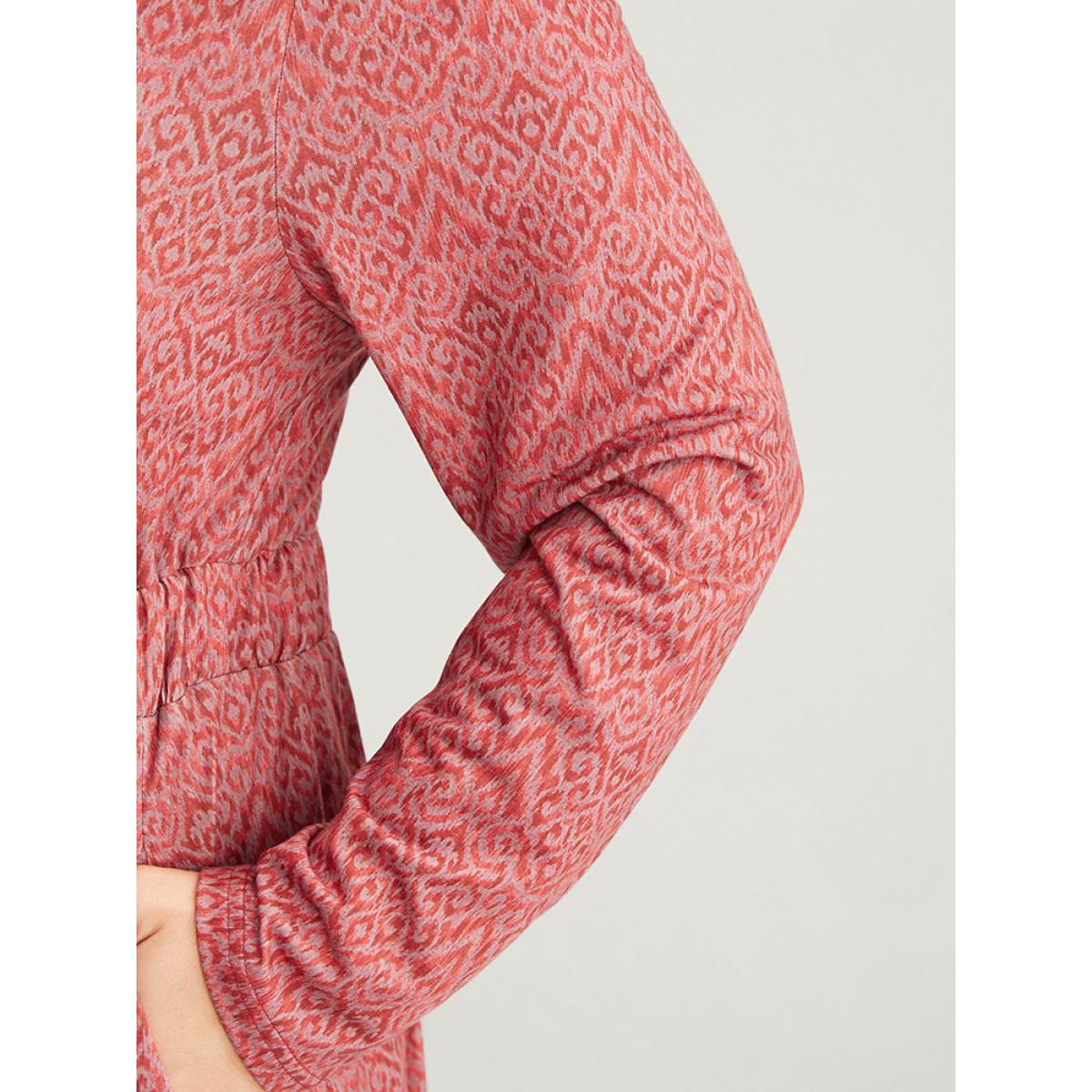 Plus Size Bandana Print Mock Neck Pocket Ruffle Hem Dress Scarlet Women Elegant Elastic Waist Mock Neck Long Sleeve Curvy Midi Dress BloomChic 10/M Product Image