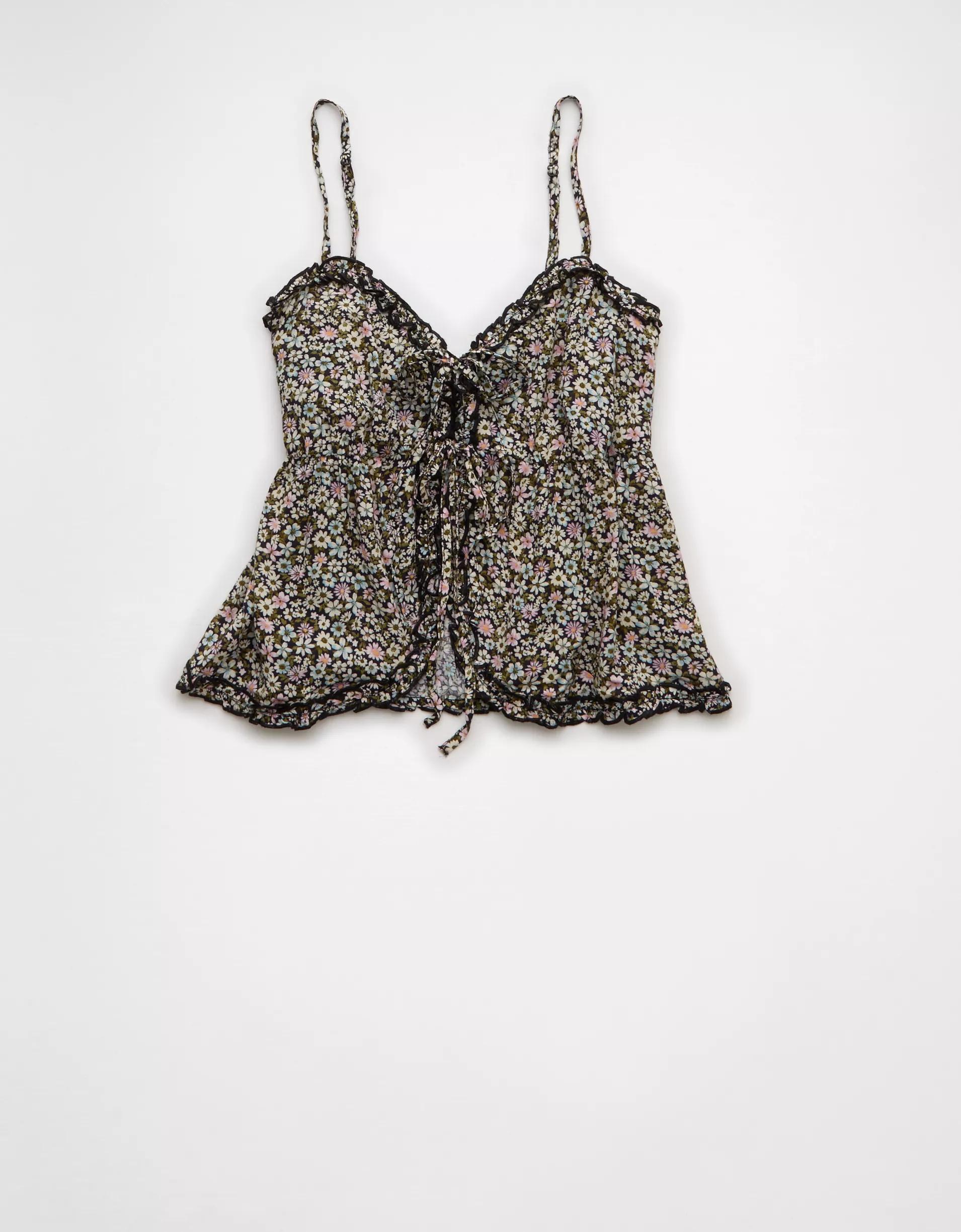 AE Tie Front Ruffle Trim Tank Top Product Image