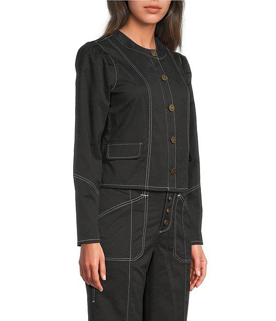 KARL LAGERFELD PARIS Coordinating Round Neck Long Sleeve Contrast Trim Cropped Jacket Product Image