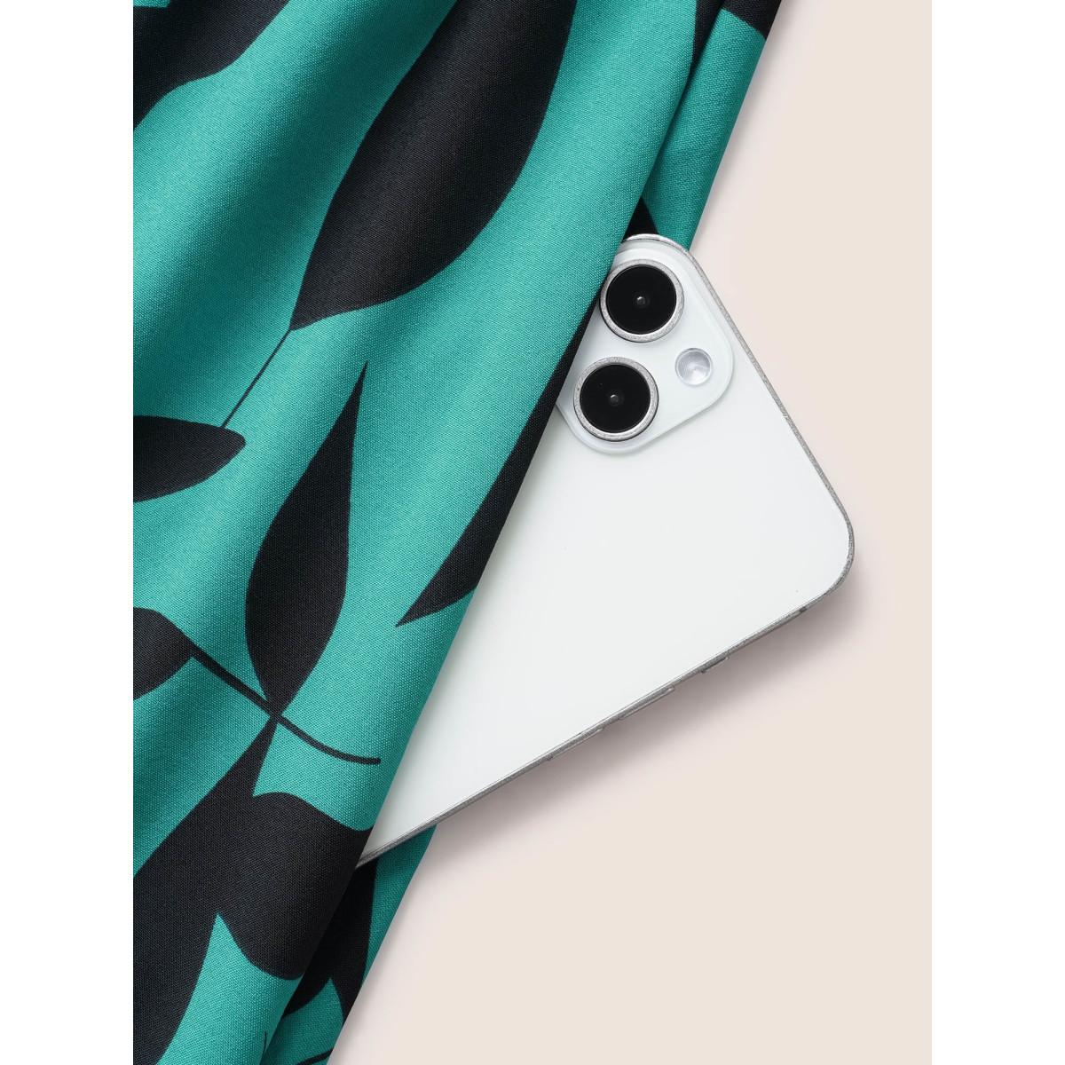 Plus Size Silhouette Floral Print Mock Neck Midi Dress Teal Women Elegant Gathered Mock Neck Short sleeve Curvy BloomChic 12/L Product Image