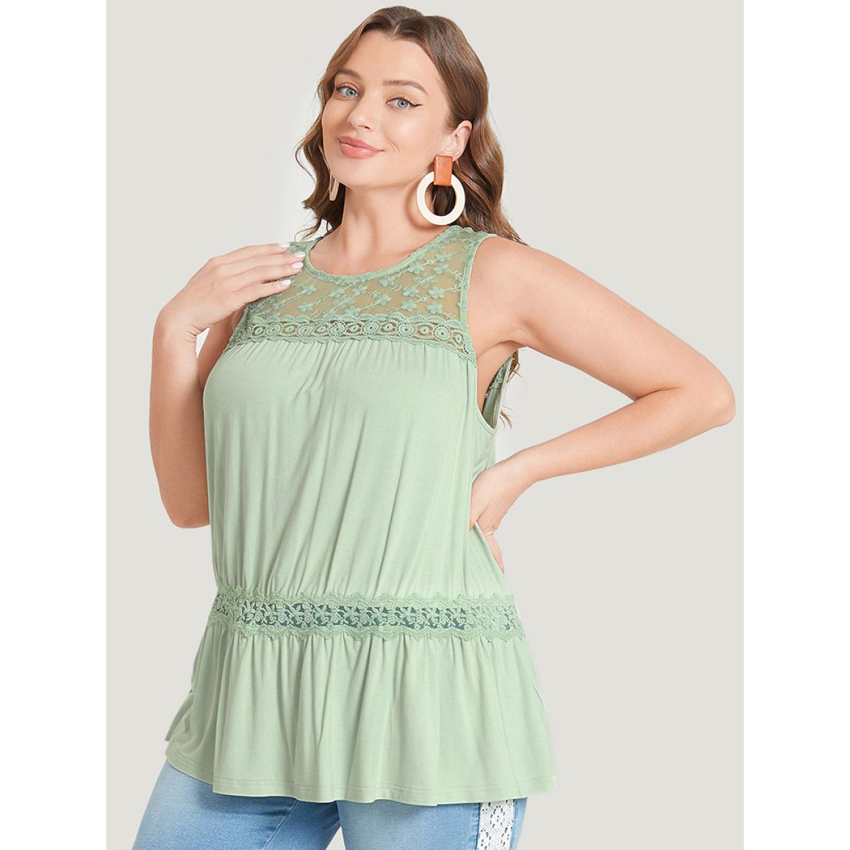 Plus Size Plain Contrast Lace Mesh Ruffle Hem Tank Top Women LightGreen Elegant Dailywear Tank Tops Camis BloomChic 10/M Product Image