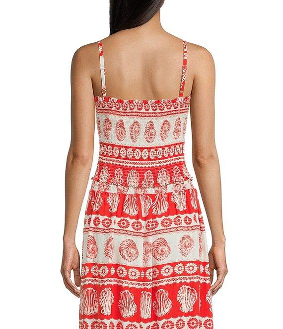 I.N. San Francisco Linen Blend Printed Square Neck Smocked Coordinating Tank Top Product Image