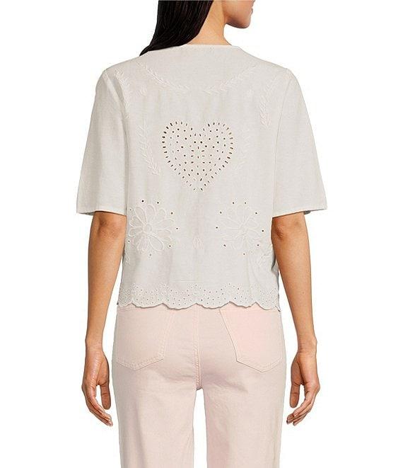 Charlie B. Eyelet Embriodered V-Neck Short Sleeve Scalloped Hem Tie Front Blouse Product Image