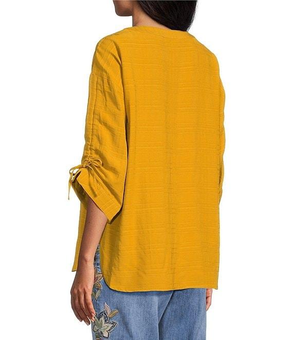 John Mark Woven Y-Neck 3/4 Cinched Sleeve Hi-Low Hem Tunic Product Image