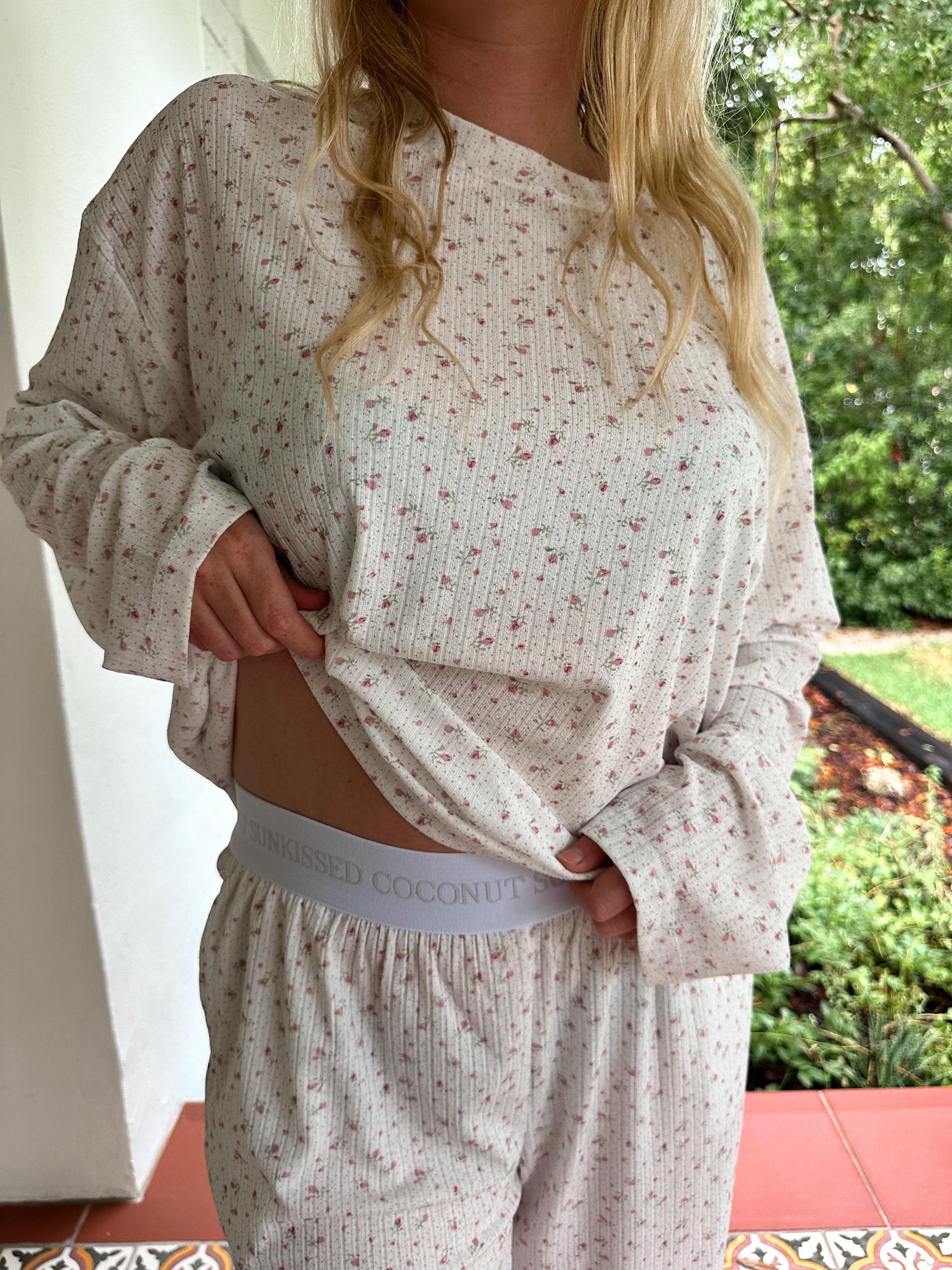 White Floral Long Sleeve Pajama Top Product Image