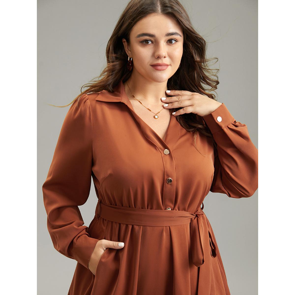 Plus Size Anti-Wrinkle Patchwork Button Up Belted Dress Rust Women Office Plain Lapel Collar Long Sleeve Curvy Midi Dress BloomChic 12/L Product Image