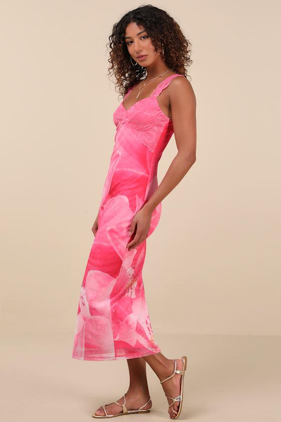 Flirty Whimsy Hot Pink Floral Mesh Midi Dress Product Image